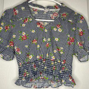 90's flora pattern elastic ruffle short sleeves and waist band crop Top